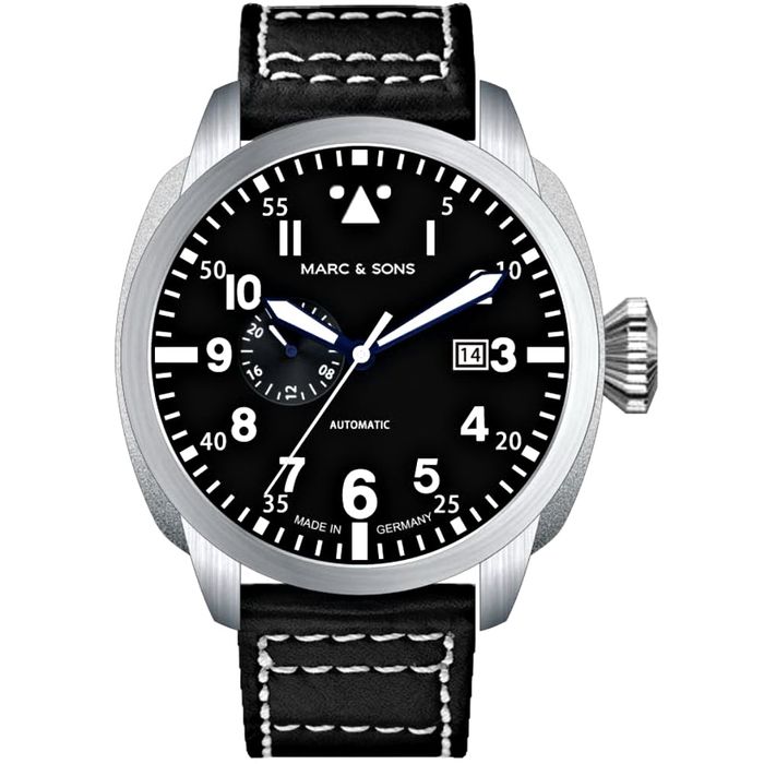 Marc & Sons Classic Pure Black Professional Automatic Pilot Men's Watch 46mm 10ATM Black Dial/Black Band MSF-006-SB-L3